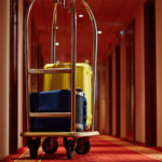 A luggage cart in a hallway.