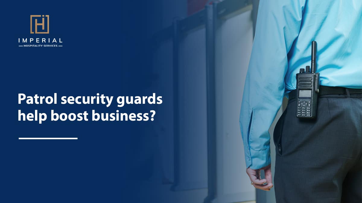 Security officer with a radio on duty, our Houston security guards services offer promotional text about patrol guards boosting your business.