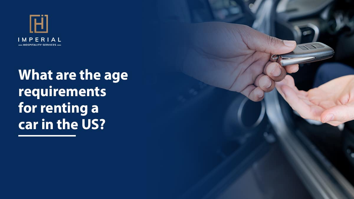A person hands over a car key with text questioning the age requirements for car rental in the US