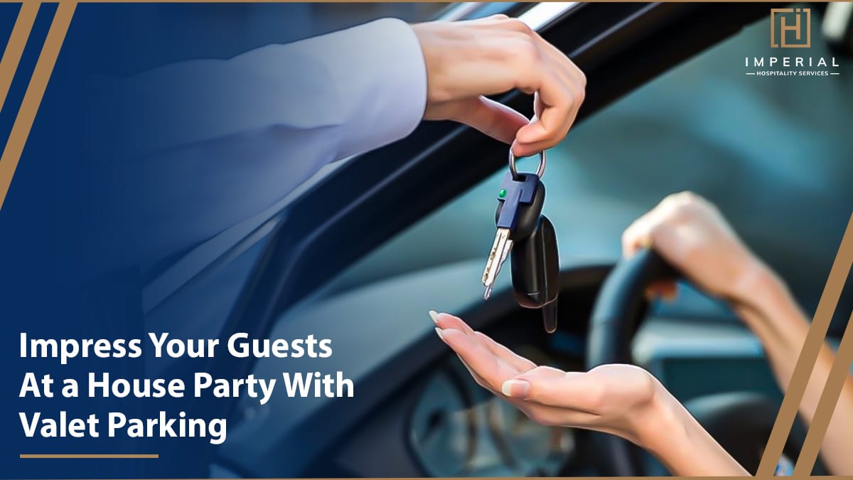 A hand from a car window passing car keys to another hand, with text promoting valet parking services at house parties in Houston TX.