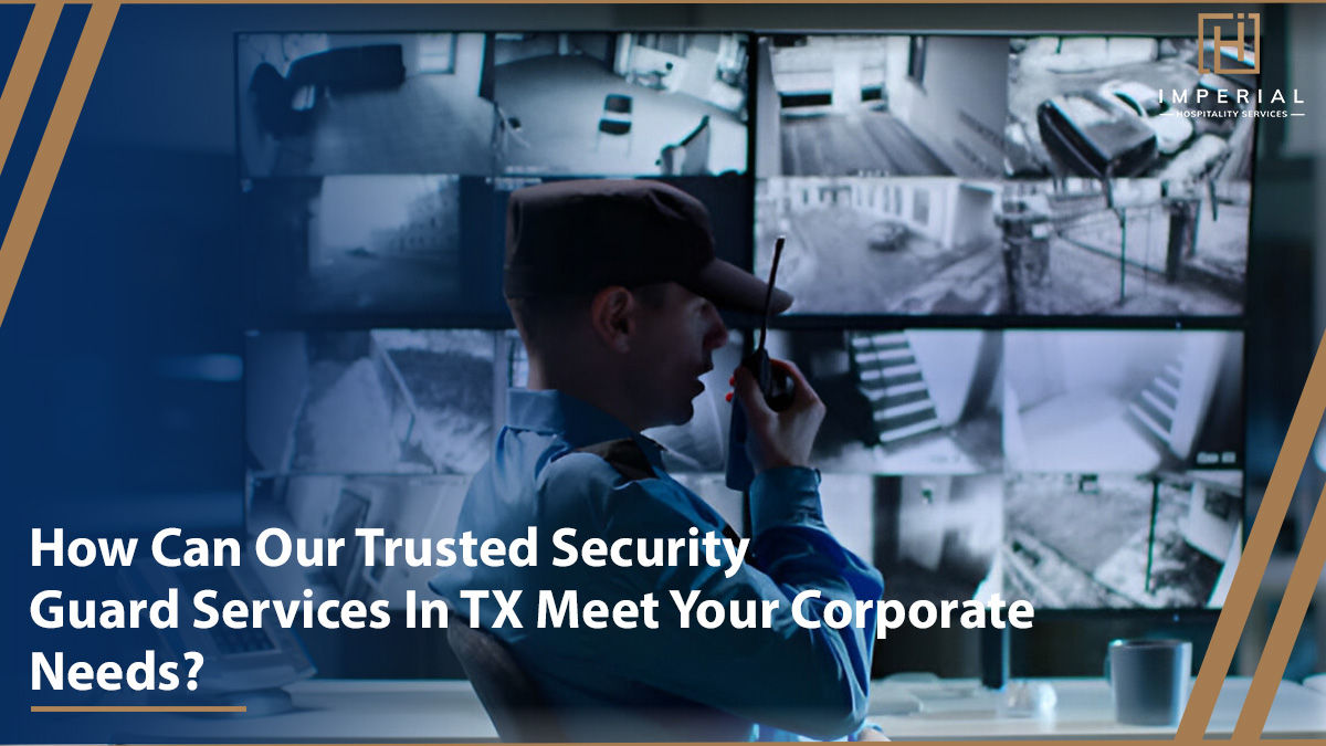 Security guard talking on walkie talkie while looking at cctv camera footage on multiple computer screen.