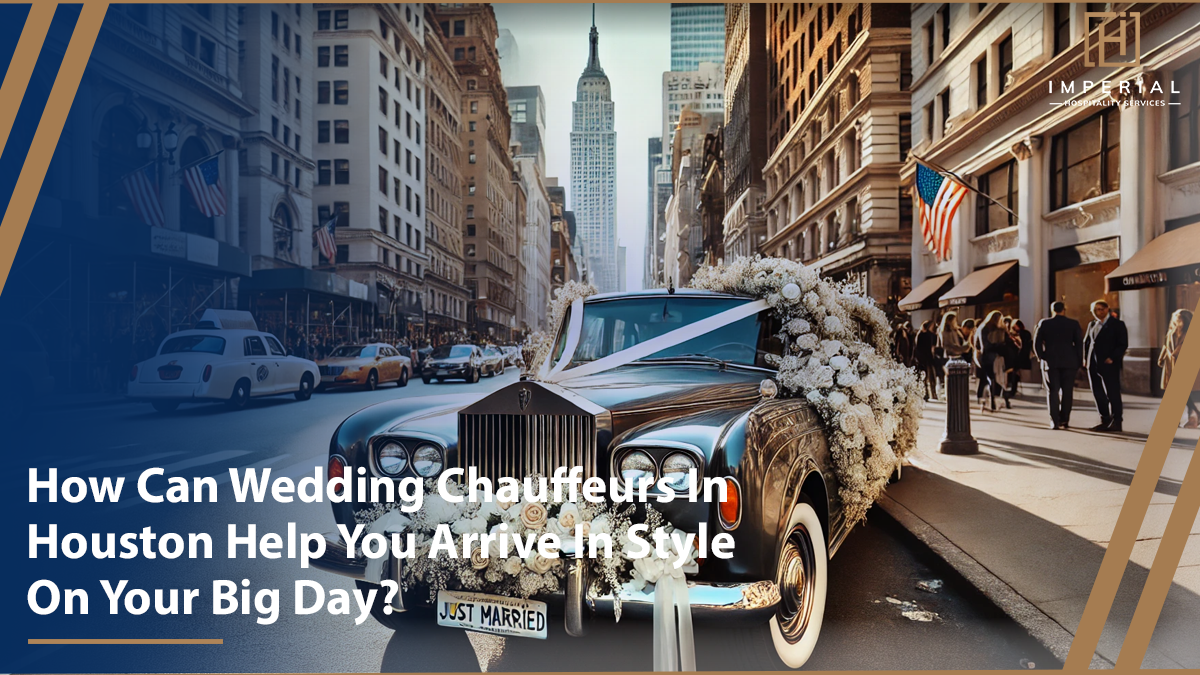 A classic car decorated with flowers and a "Just Married" sign sits on a lively city street, surrounded by buildings and American flags, reflecting the charm of a wedding chauffeur in Houston.